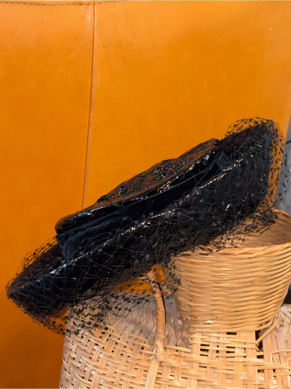 Vintage Black Veiled Straw Pillbox Hat